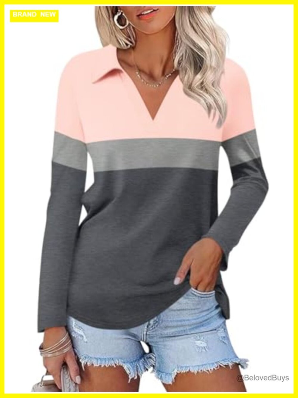 Womens Long Sleeve Polo Shirt V Neck Collared Tunic Top